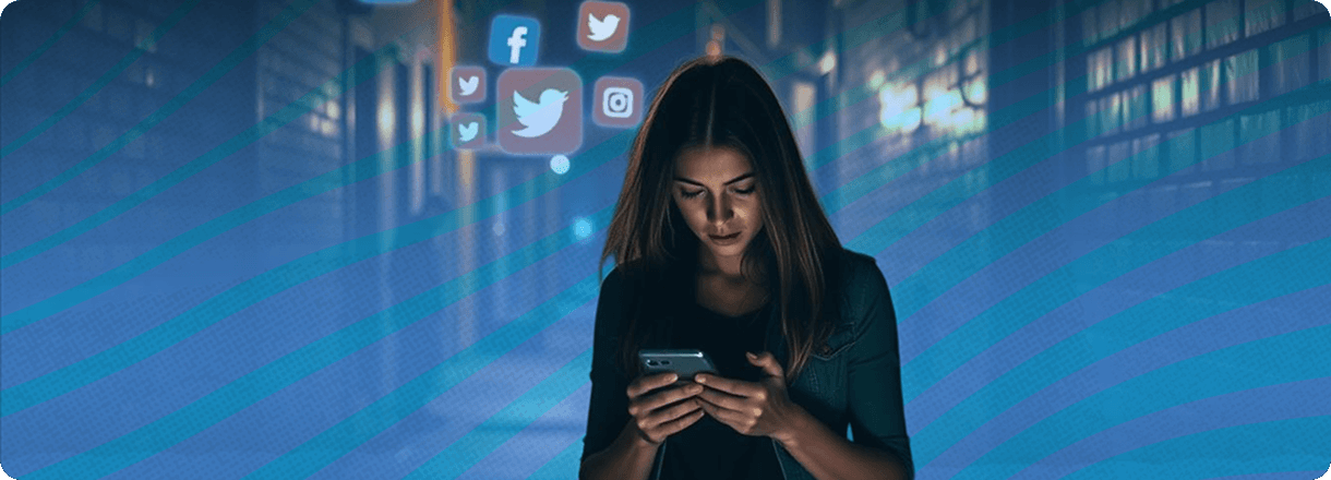 Woman walking down an alley while looking at her phone, with social media icons floating beside her