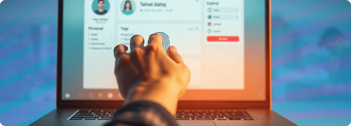 Hand reaching out to unlock a laptop's biometric security, which is protecting a profile