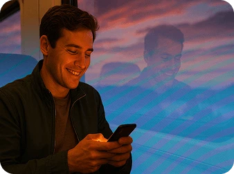 Man smiling while holding her phone