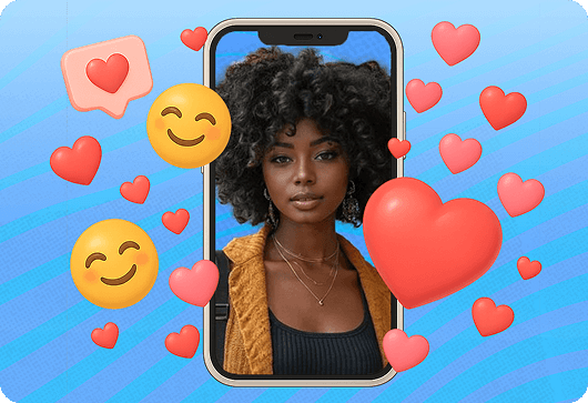 A beautiful black woman with puffy and curly hair pictured inside a phone with multiple heart and smile emojis flying aroud