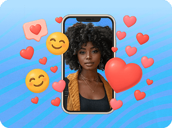 A beautiful black woman with puffy and curly hair pictured inside a phone with multiple heart and smile emojis flying aroud
