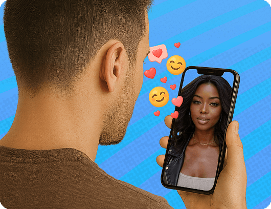 Man looking at a black woman with long hair on his phone, with emojis flying around