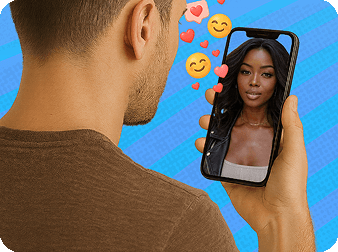 Man looking at a black woman with long hair on his phone, with emojis flying around