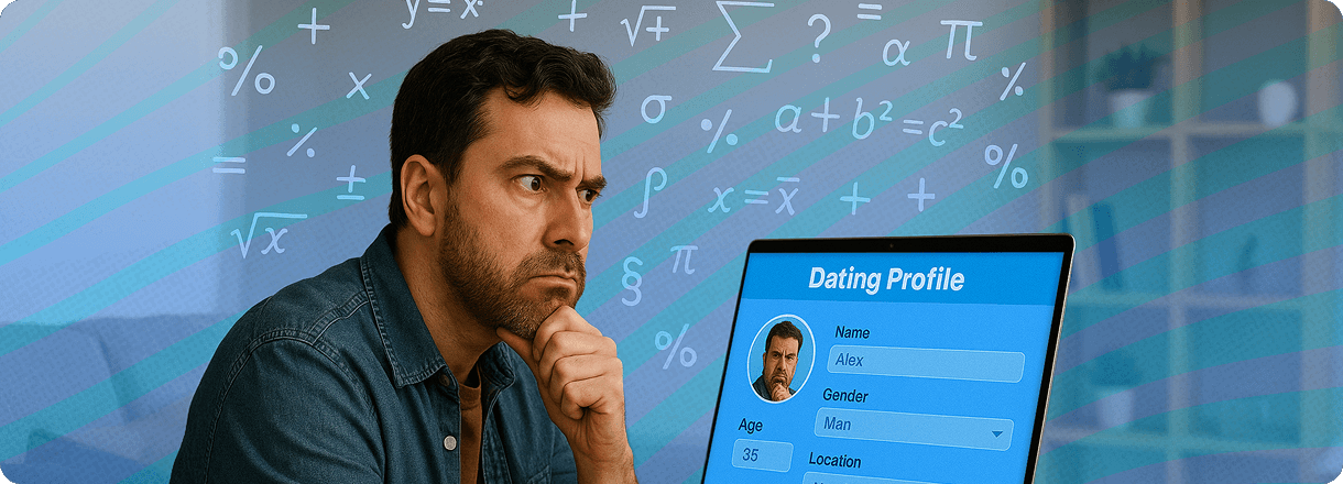 Man thinking and looking at his laptop with his dating profile open