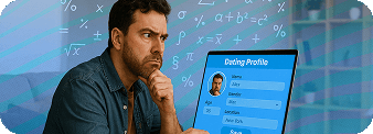 Man thinking and looking at his laptop with his dating profile open