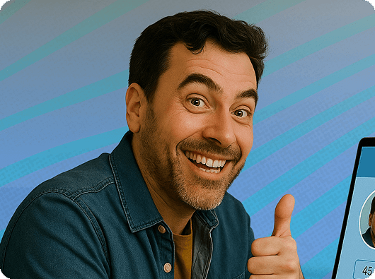 Close-up of a man smiling and giving a thumbs up, his laptop with his dating profile open, but out of frame