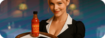 A sexy smiling server lady serving a cheeky spicy sauce bottle on a platter