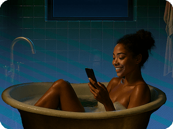 A black woman looking at her phone in a bathtub