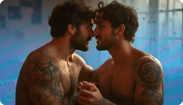Two tattooed shirtless men approaching each other for a kiss