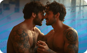 Two tattooed shirtless men approaching each other for a kiss